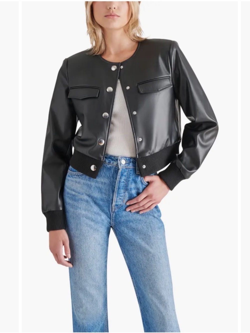 💗 Steve Madden Black Faux-Leather Cropped Bomber Jacket- Size Small